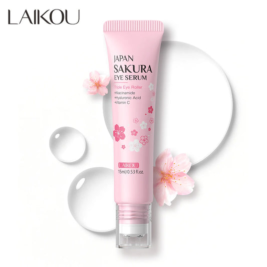 LAIKOU Sakura Moisturizing Eye Serum Roller Massage Hyaluronic Acid Anty Wrinkle Eye Cream Dark Circles  Skin Care15ml