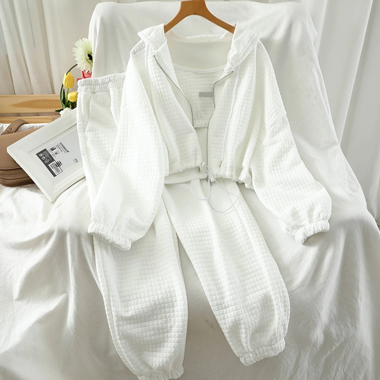 Women Vest Coat Pants Set Zipper Placket Coat Sport Pants Set Women's Autumn Winter Sport Outfit Sling Vest Hooded Coat Elastic