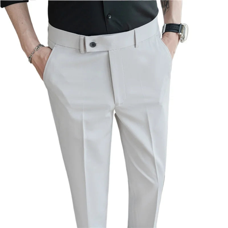 2025 Summer Thin White Elastic Nine Cent Suit Pants for Men,gray Blue Four-side Elastic Comfortable Drape Men's Casual Trousers