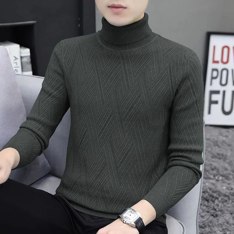 Men's Turtleneck Sweater Knitted Sweater Slim Lapel Top Pullover Clothes Solid Color Winter Thick Thread