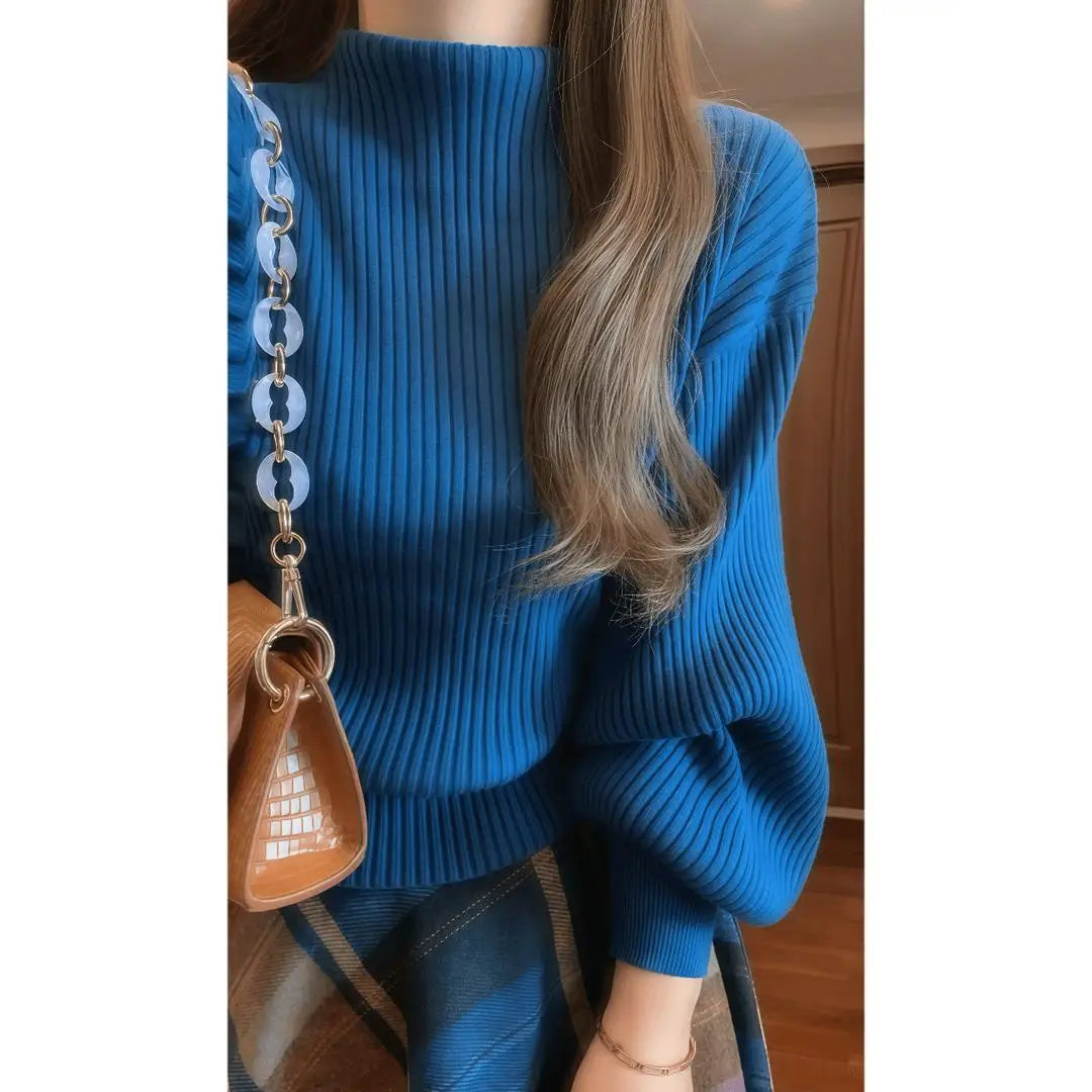 Spring and Autumn Women's American Retro Royal Blue Lantern Sleeve Knitted Sweater and Plaid Skirt Suit High Waist Umbrella Skirt Fashionable and Elegant Long Sleeve Pullover Commuting Suit