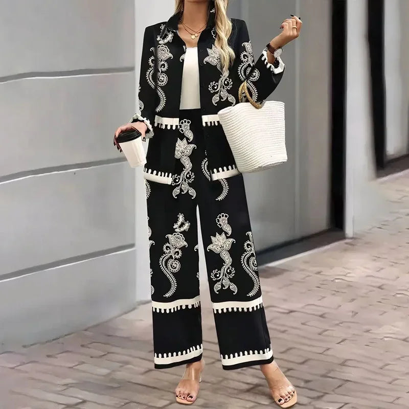 Fashionable Contrast Color Print Blouse And Pants Two-Piece Set for Women Stylish Retro Personality Elegant Office Wear