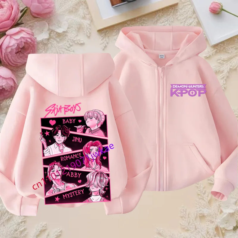 Kid Girl Boy Sweatshirt Zipper Pink Hoody Baby Casual Tops Funny Zip Up Sweatshirts Kpop Demon Hunters Hoodie Children Clothes