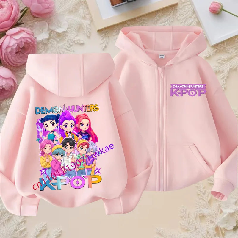 Kid Girl Boy Sweatshirt Zipper Pink Hoody Baby Casual Tops Funny Zip Up Sweatshirts Kpop Demon Hunters Hoodie Children Clothes