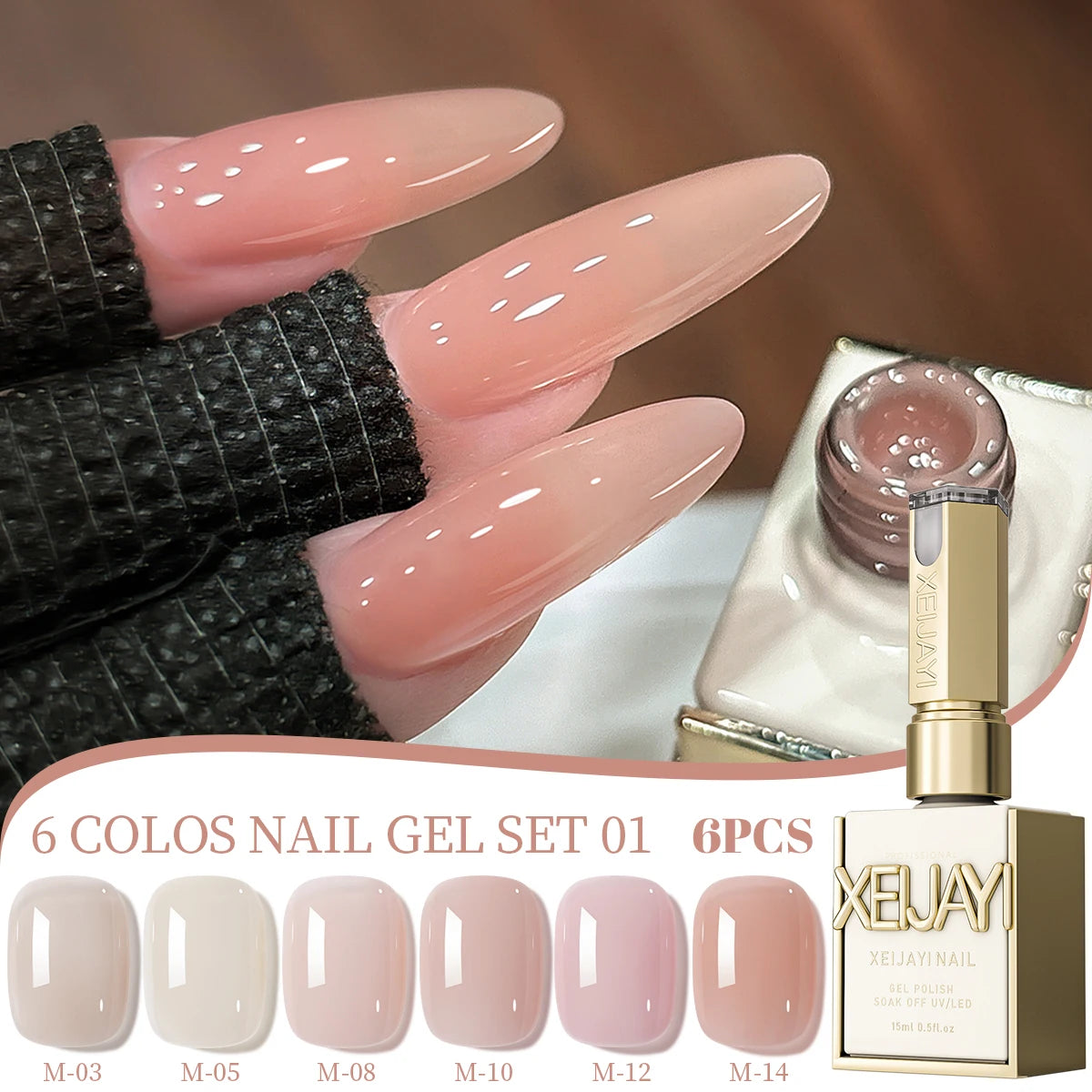 XEIJAYI 6Pcs 15ML Jelly Ice Transparent Nude Green Blue Green And Colorful And Pure Gel Nail Polish Set Peelable UV LED Gel Poli