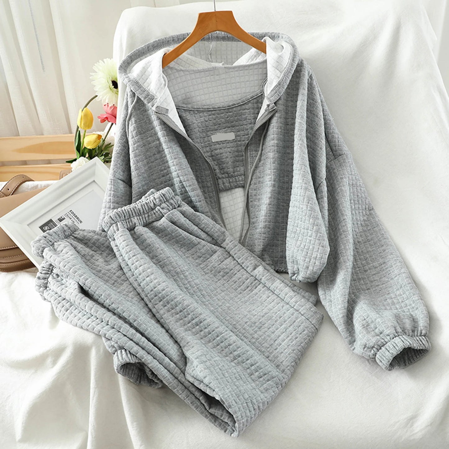 Women Vest Coat Pants Set Zipper Placket Coat Sport Pants Set Women's Autumn Winter Sport Outfit Sling Vest Hooded Coat Elastic