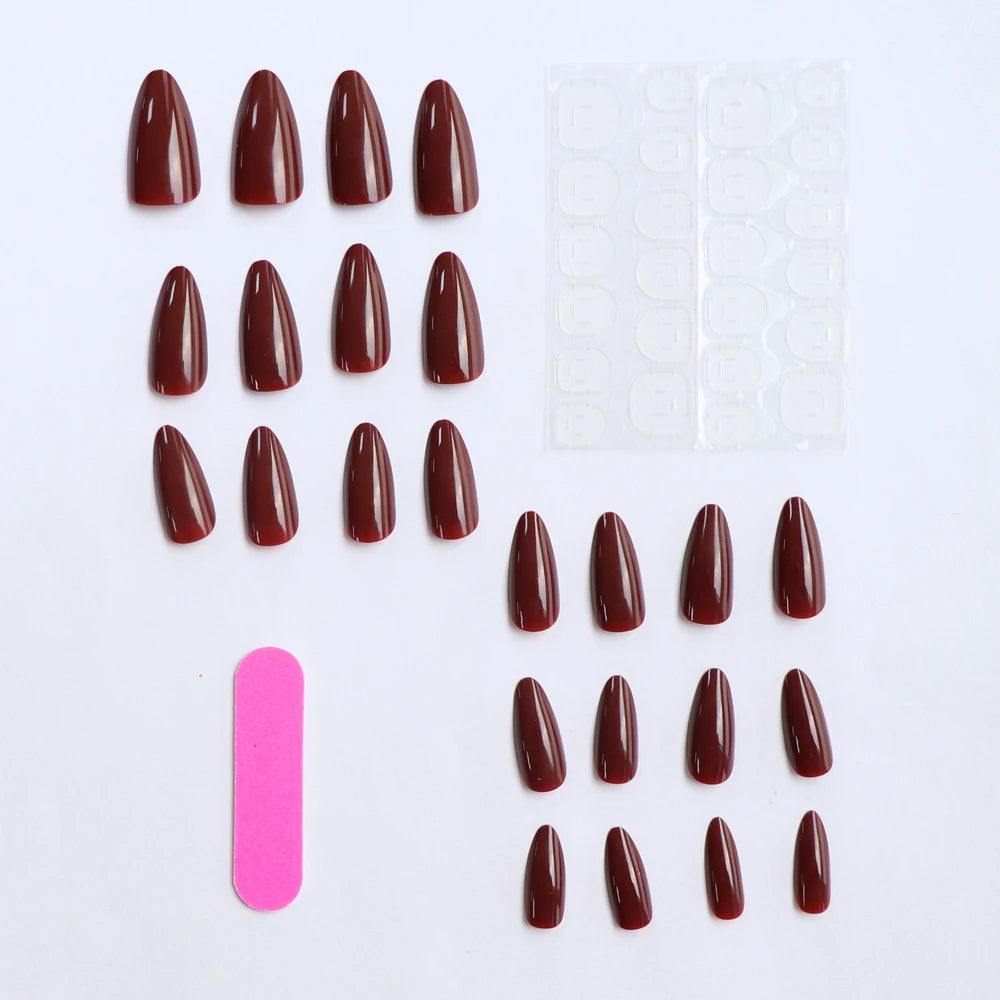 24 PCs Medium-sized Almond French Simple Solid Fake Nails Nails with 1 Jelly Gel and 1 Nail File