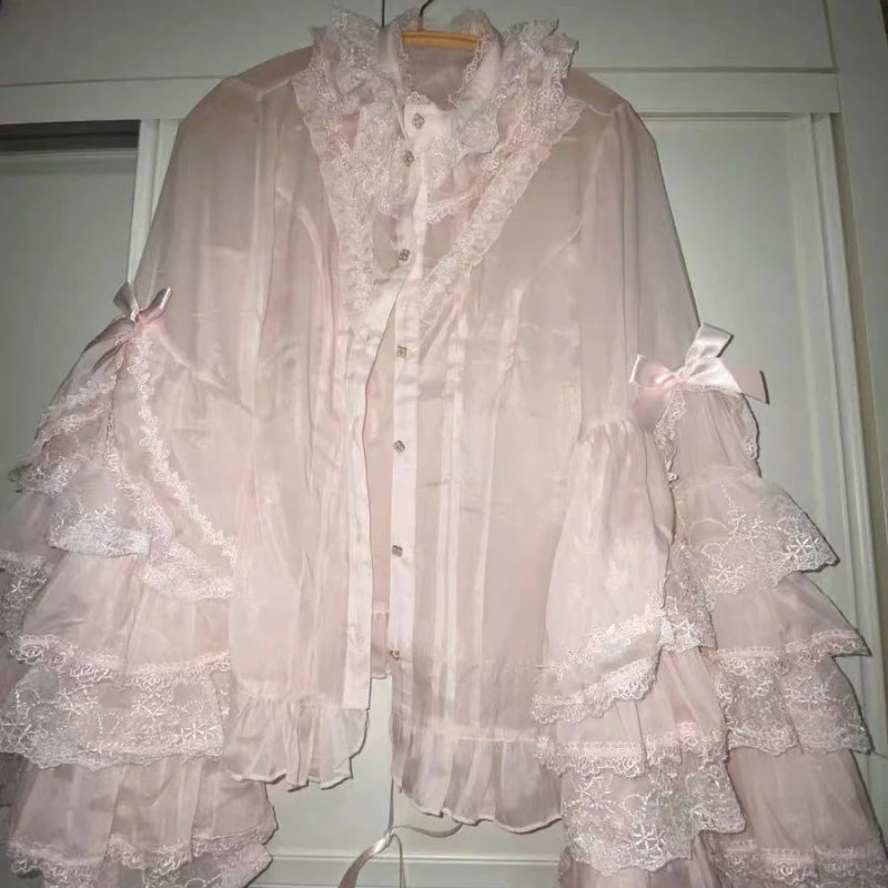 Pink Japan Lolita Flare Sleeve Sweet Bow Shirts Y2k Aesthetic Slash Neck Lace Patchwork Blouse Women Loose Grunge Ruffled Blusas