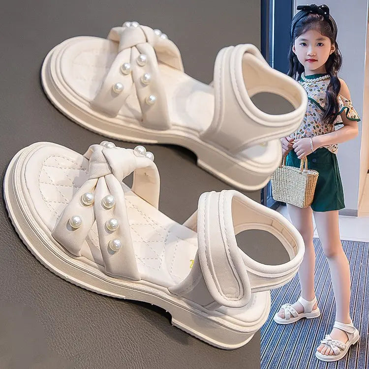 Little Girls Sandals 2024 Summer New Princess Shoes with Pearl for Party Wedding Kids Anti Slip Knot Beach Shoes for Vacation