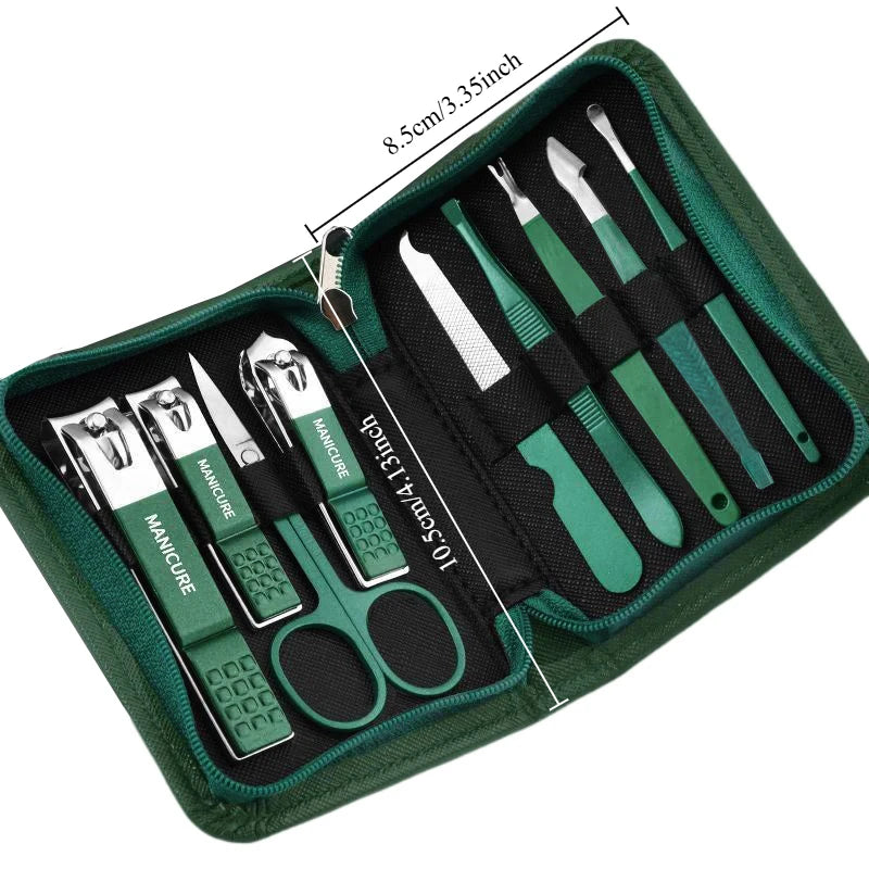 Green 6-18 Pcs Manicure Set With Leather Case Professional Foot And Face Care Tool Kits Stainless Steel Nail Clipper Sets Gift