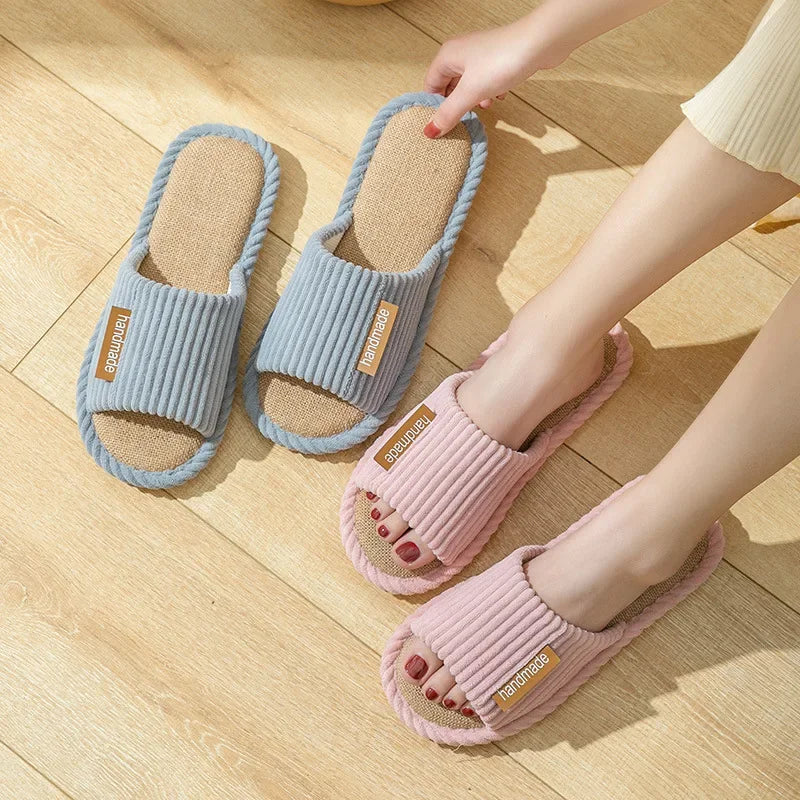 Striped Slippers Women Autumn Home Linen Flip Flops Couples Indoor House Non Slip Sandals Guest Shoes Male Flat Flax Sneaker