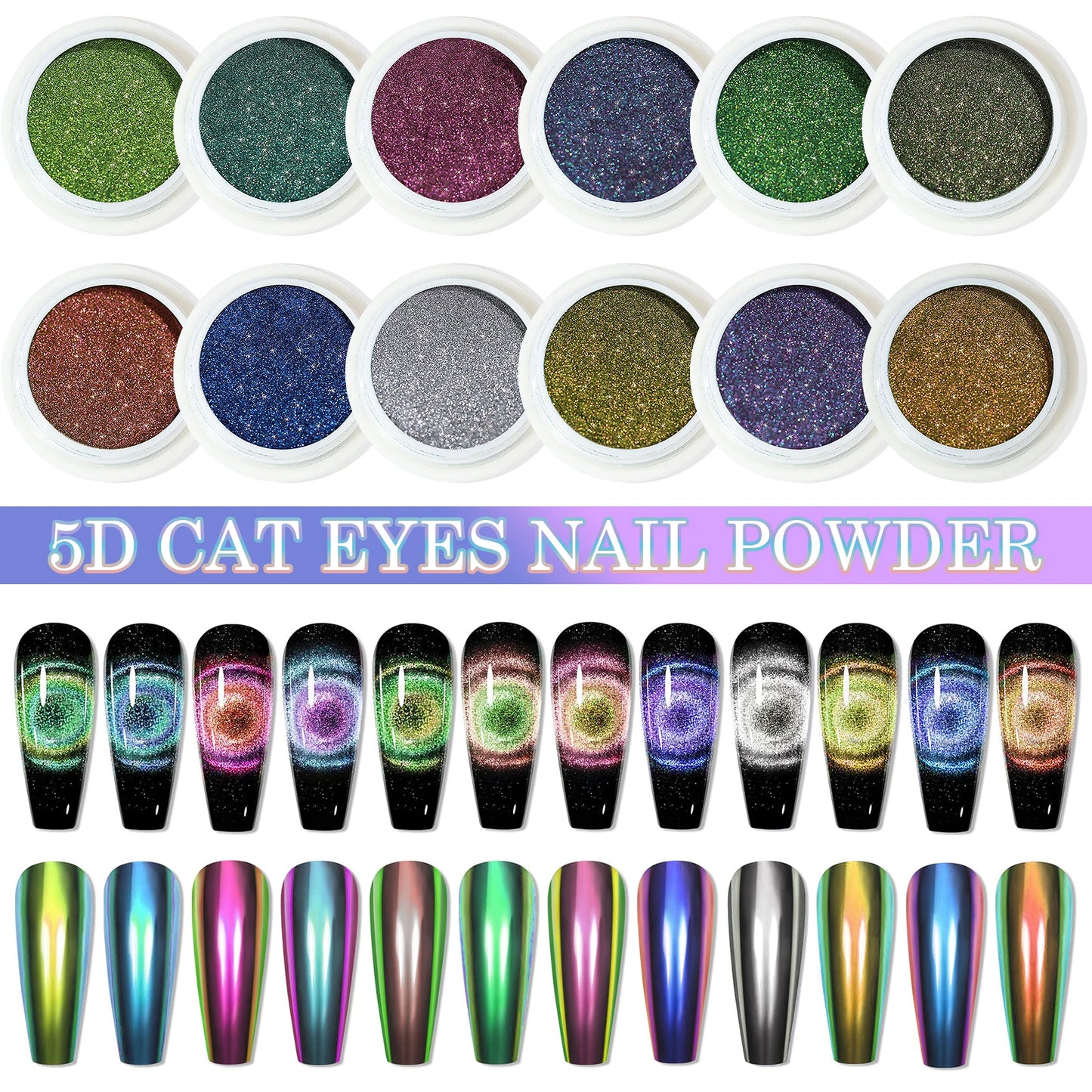 5D Chameleon Cat's Eye Magnetic Nail Glitter Pigment Achieve Holographic Chrome Nails Laser Effect for Nail Gel Polish Manicures