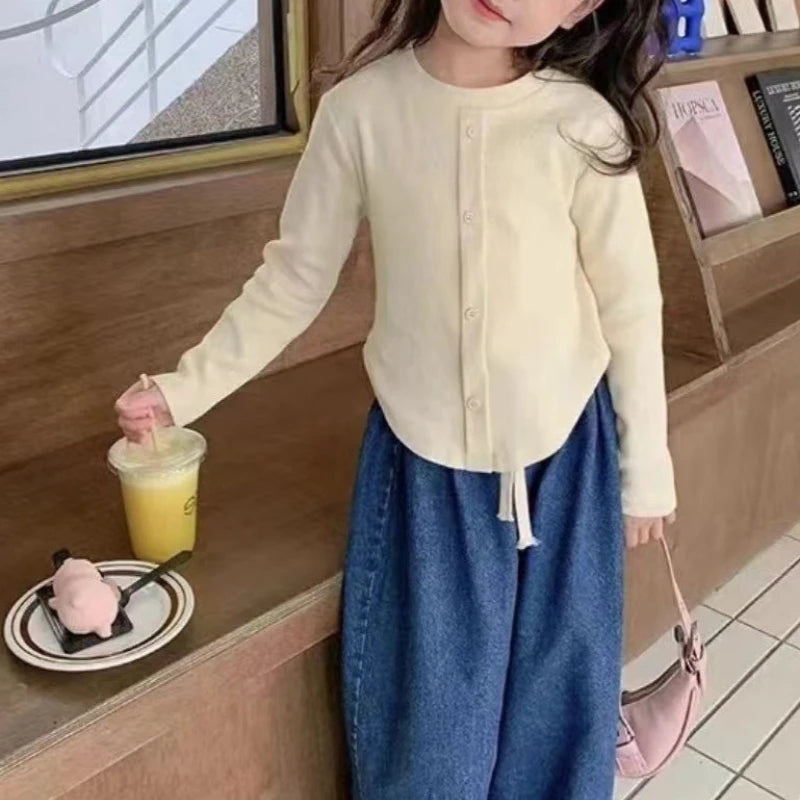 2-10Y Girls Shirt Spring Autumn New Children Long Sleeve T-shirt Solid Color Fashionable Baby Slimming Tops Girls Base Shirts