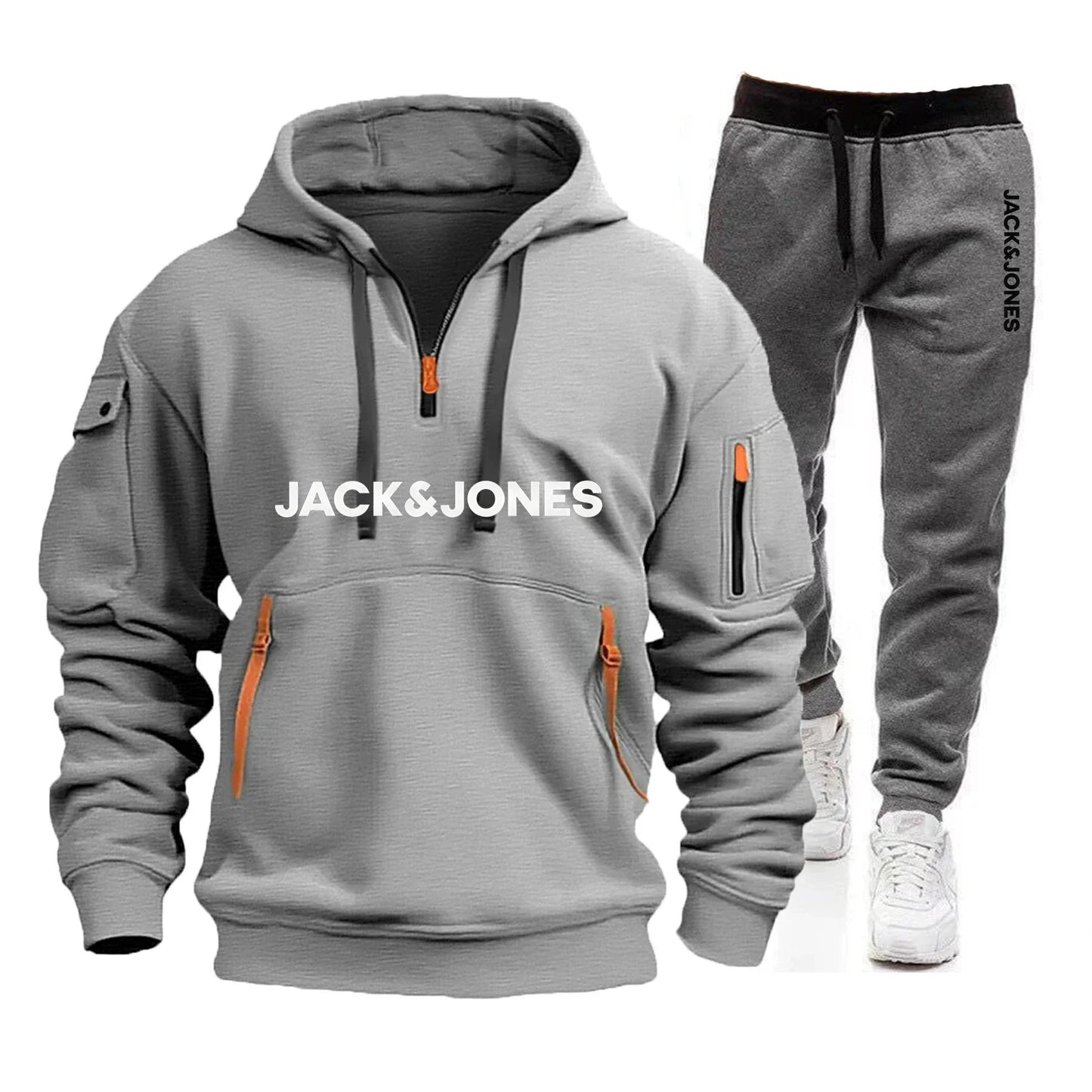 Two sets of men's sportswear for autumn/Winter 2025, including a sweatshirt and two sets of fitness jogging pants with wool caps