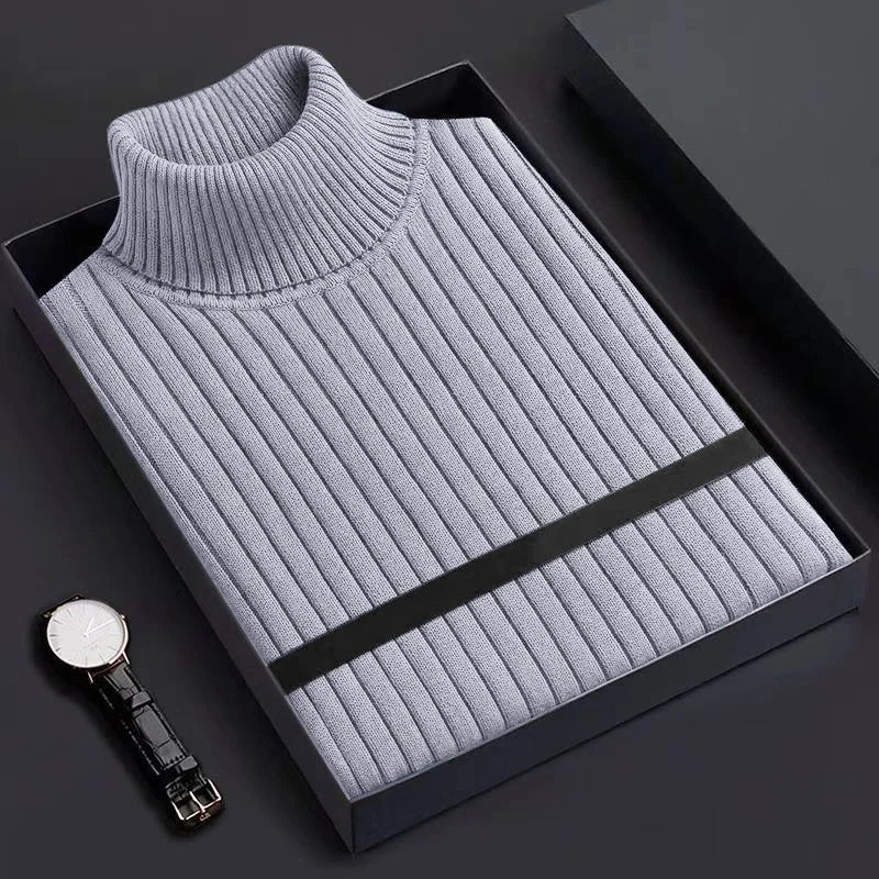 New Men's Slim Fit Pullover Woolen Sweaters Long Sleeve Turtleneck Heavyweight Tops Casual Stripe Knitted Winter Warm Outerwear