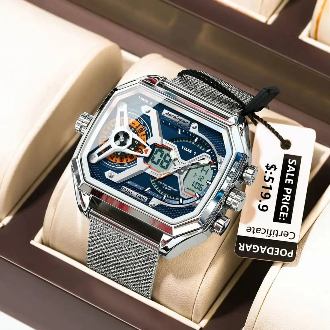 POEDAGAR Top Fashion Men Clock Rectangle Waterproof Date Week LED Man Watch Electronic Mesh Stainless Steel Quartz Men's Watches