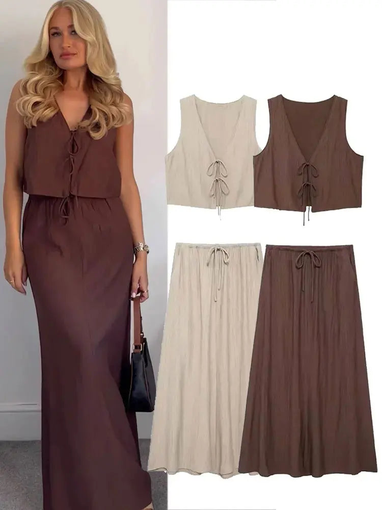 HH Women's Street Vest 2-piece Set Chic V-neck Sleeveless Lace-up Textured Vest + High-waisted Drawstring Casual Skirt Suit