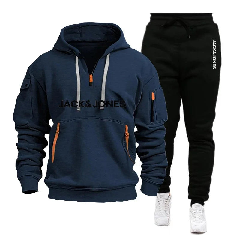 Two sets of men's sportswear for autumn/Winter 2025, including a sweatshirt and two sets of fitness jogging pants with wool caps