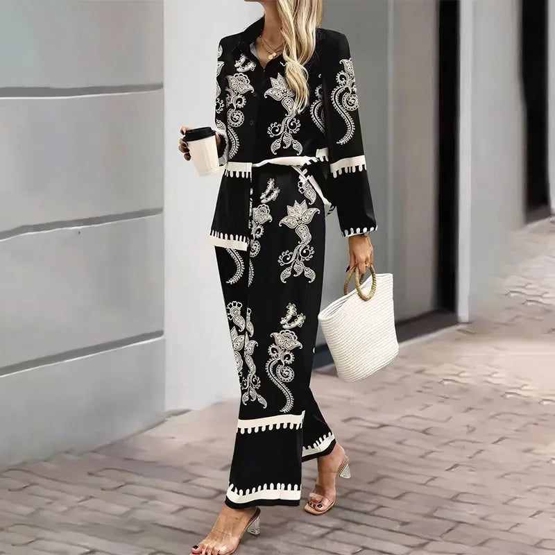 Fashionable Contrast Color Print Blouse And Pants Two-Piece Set for Women Stylish Retro Personality Elegant Office Wear