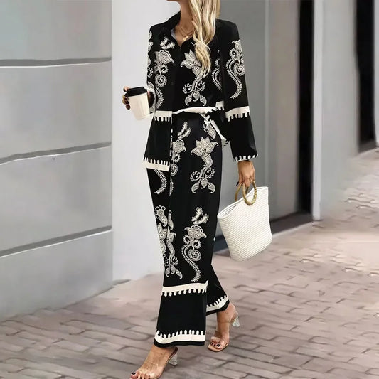 Fashionable Contrast Color Print Blouse And Pants Two-Piece Set for Women Stylish Retro Personality Elegant Office Wear