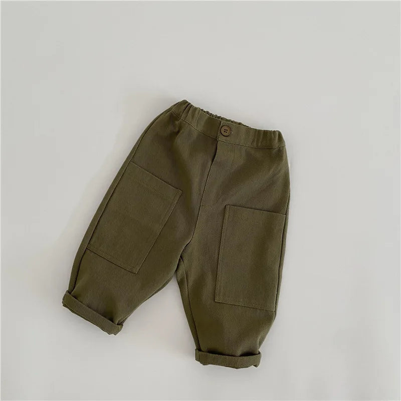 Spring Autumn New Kids cargo pants solid color big pockets Boys Trousers fashion Girls loose casual pants