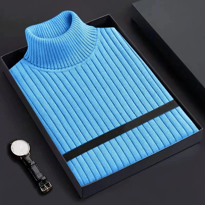 New Men's Slim Fit Pullover Woolen Sweaters Long Sleeve Turtleneck Heavyweight Tops Casual Stripe Knitted Winter Warm Outerwear