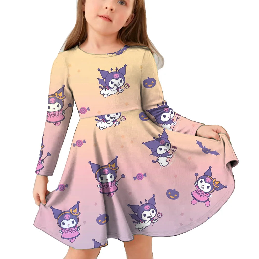 Hello Kitty Kuromi Autumn Dress Girl Dresses Children Dresses Kawaii 3d Cartoon Print Cute Kuromi Girl Clothing Vestidos