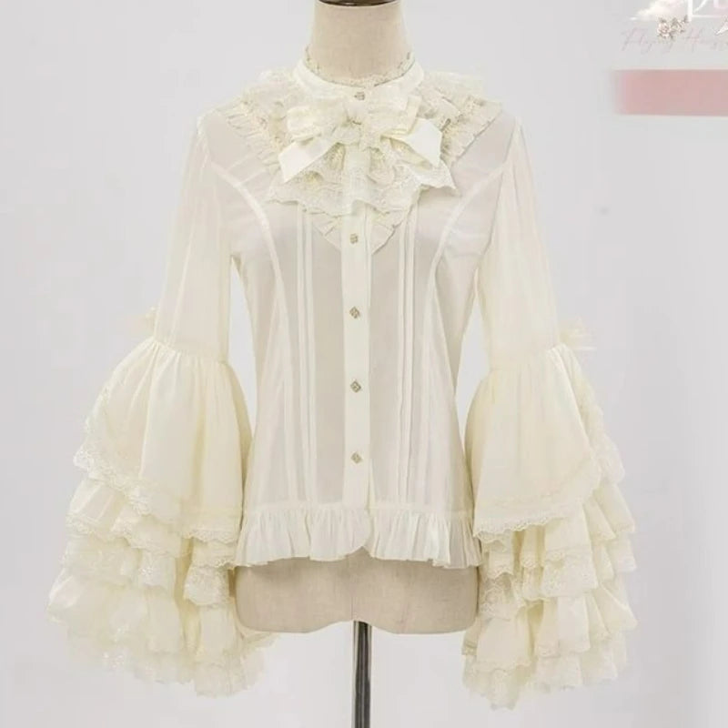 Pink Japan Lolita Flare Sleeve Sweet Bow Shirts Y2k Aesthetic Slash Neck Lace Patchwork Blouse Women Loose Grunge Ruffled Blusas