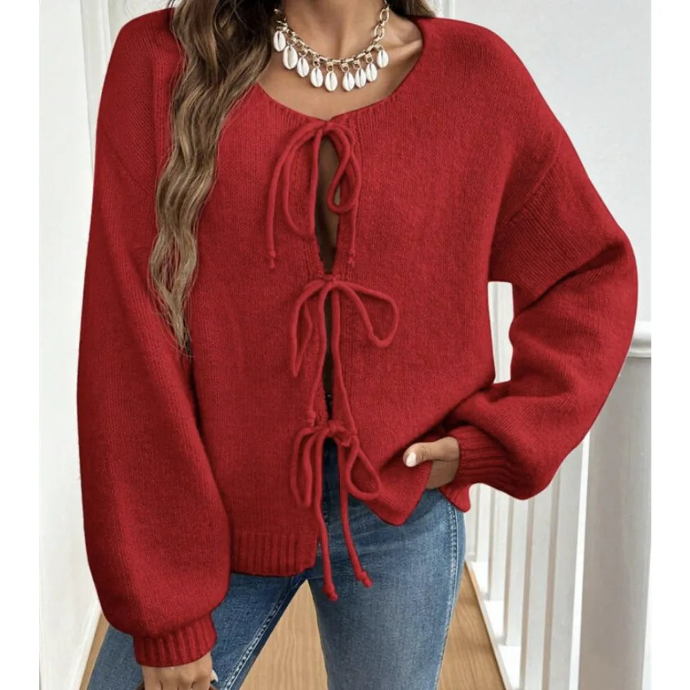 Women Solid Round Neck Lace Up Sweaters Cardigan Splice Knit Straight Jumpers Casual Long Sleeve Office Lady Autumn Winter