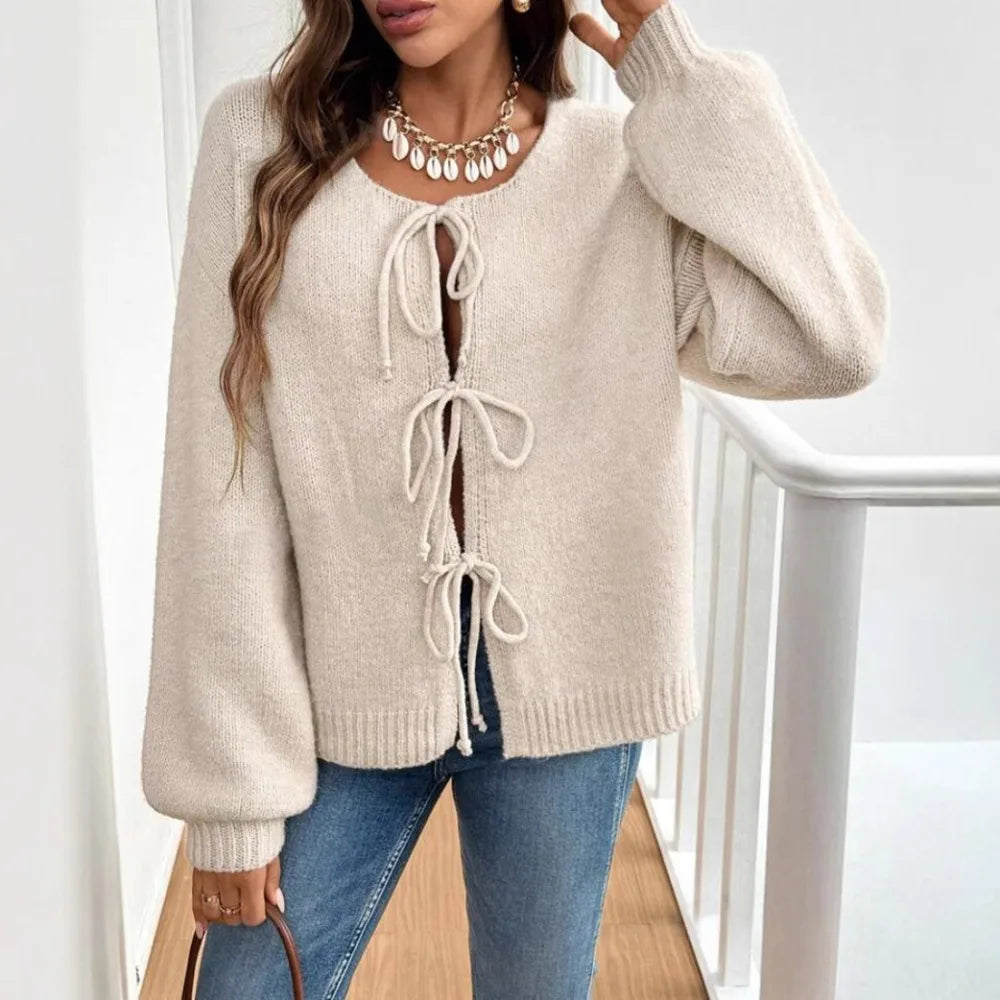 Women Solid Round Neck Lace Up Sweaters Cardigan Splice Knit Straight Jumpers Casual Long Sleeve Office Lady Autumn Winter