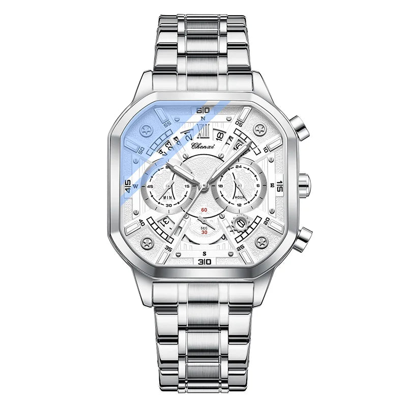 CHENXI High Quality Luminous Timing Function Watches For Man Silver Case Stainless Steel Strap Quartz Wristwatches Clock Gifts