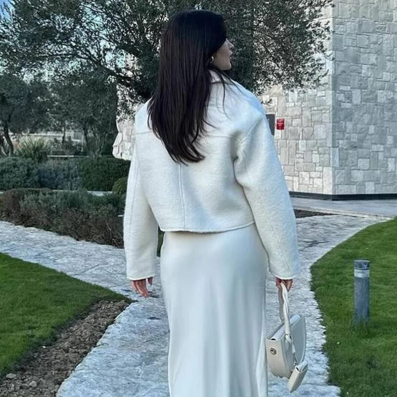 MUJER White Tweed Jacket Women Cropped Bomber Jackets for Women Long Sleeve Zipper Jacket Woman Autumn Streetwear Outerwears