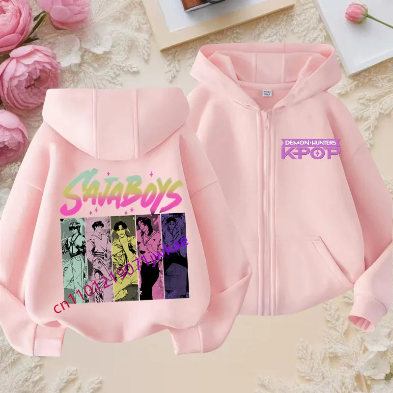 Kid Girl Boy Sweatshirt Zipper Pink Hoody Baby Casual Tops Funny Zip Up Sweatshirts Kpop Demon Hunters Hoodie Children Clothes