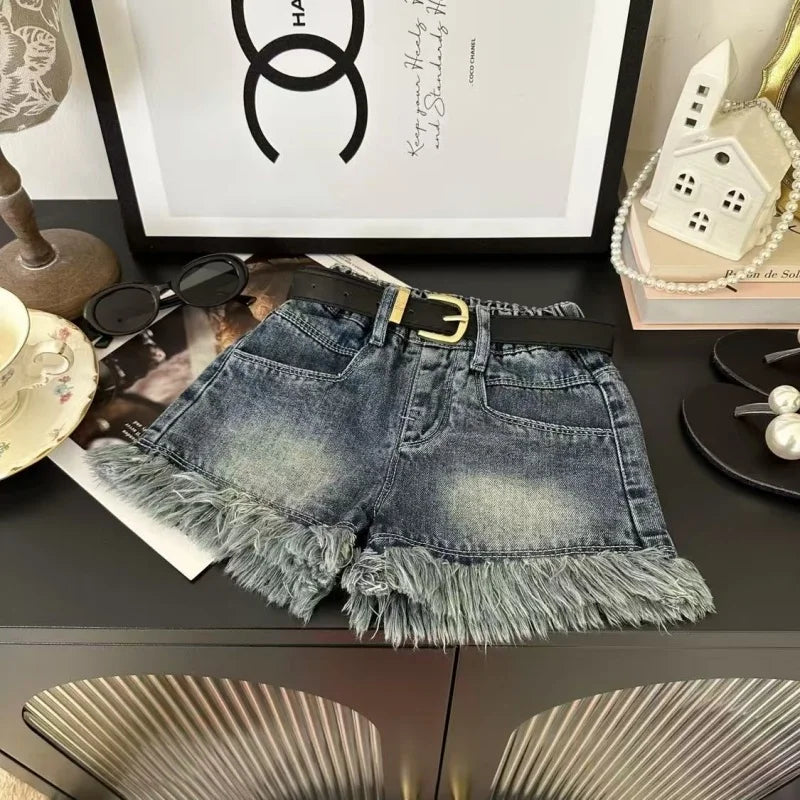 Girls' Summer Collection 2025 New Style Baby Girl Fashion Knitted Strap Top Cowboy Shorts 3-Piece Set Children's Clothing