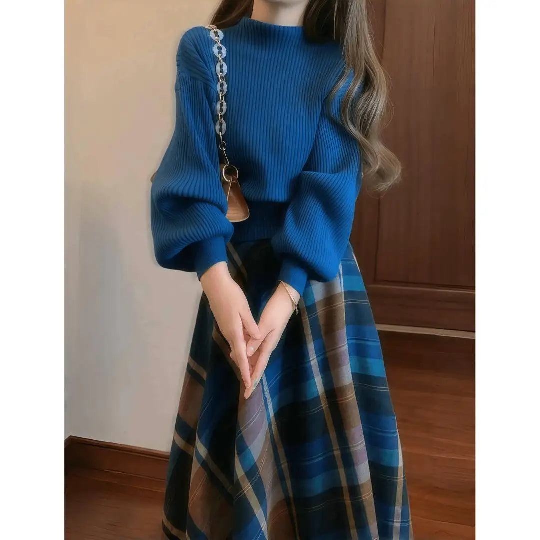 Spring and Autumn Women's American Retro Royal Blue Lantern Sleeve Knitted Sweater and Plaid Skirt Suit High Waist Umbrella Skirt Fashionable and Elegant Long Sleeve Pullover Commuting Suit