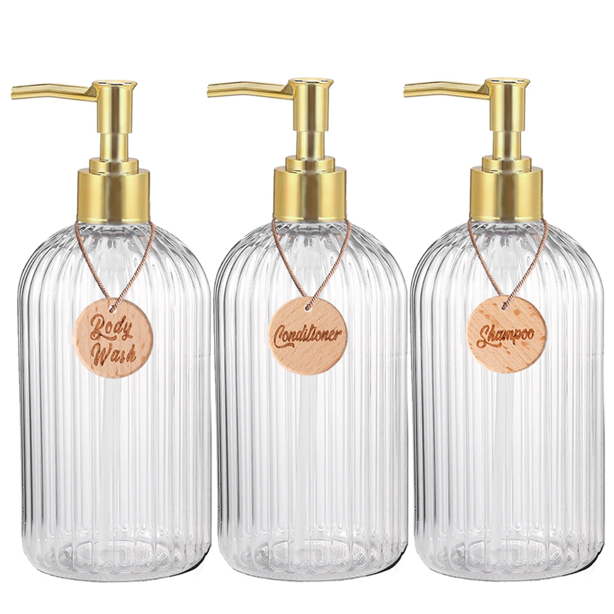 Set of 3 Refillable Shampoo and Conditioner Bottles, 16.9oz/500ml Elegant Guest Room Decoration Shampoo Dispenser with Gold Pump