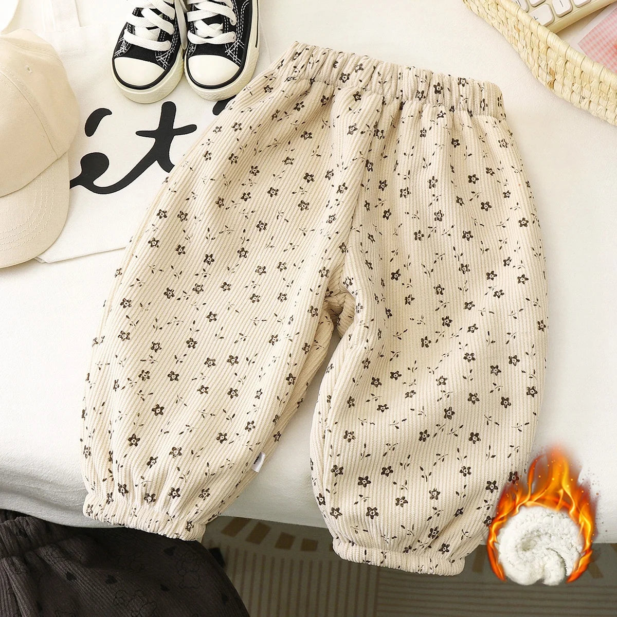 Winter Warm Fleece Lined Kids Pants Printed Toddler Boys Girls Trousers Retro Polka Dot Pattern Children's Clothes