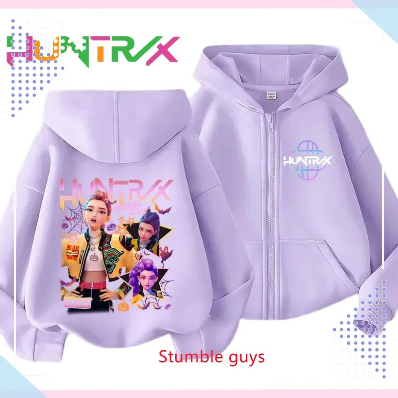 Kids Purple Zipper Hoodies Spring Autumn Kpop Demon Hunters Sweatshirt For Spring Picnic & Autumn Walk