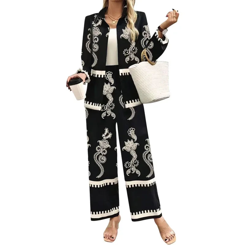 Fashionable Contrast Color Print Blouse And Pants Two-Piece Set for Women Stylish Retro Personality Elegant Office Wear