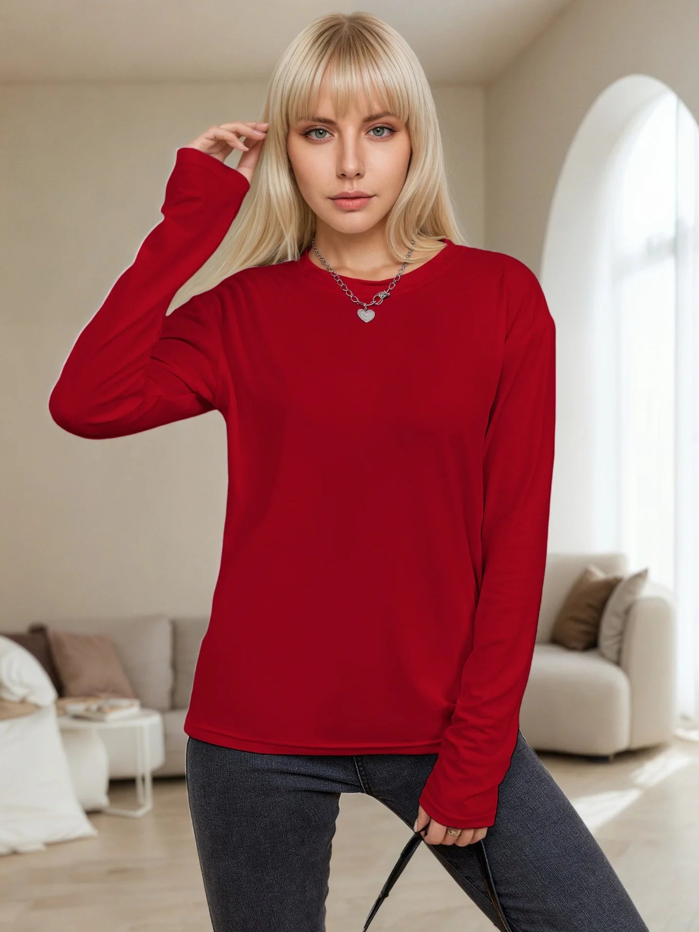 Women's New Spring Autumn Casual Round Neck Solid Color Base Layer Long Sleeve T-Shirt