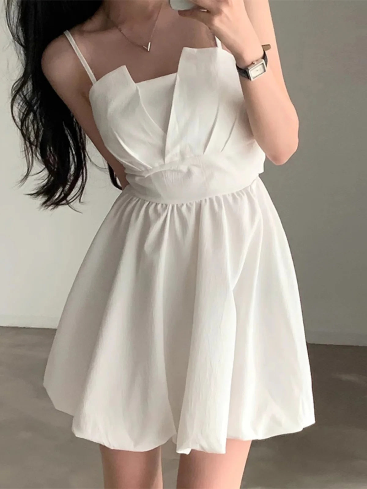 Spring Summer Chic  Knot Belted Pleated  Flower Bud Strap Dr ort Women's Skirt High Waist No Sve Pure Color