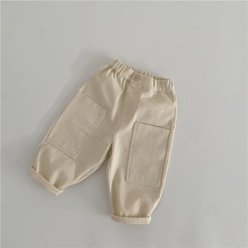 Spring Autumn New Kids cargo pants solid color big pockets Boys Trousers fashion Girls loose casual pants