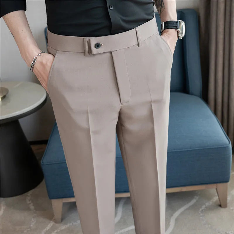 2025 Summer Thin White Elastic Nine Cent Suit Pants for Men,gray Blue Four-side Elastic Comfortable Drape Men's Casual Trousers