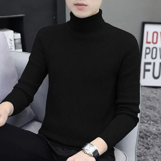 Men's Turtleneck Sweater Knitted Sweater Slim Lapel Top Pullover Clothes Solid Color Winter Thick Thread