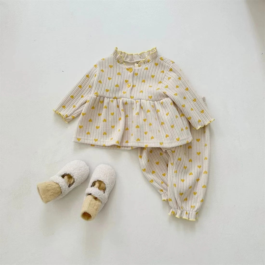 TZ2543 Korean Style Baby Casual Outfit with Heart Lace Trim Doll Shirt And Pants Spring Autumn Infant Clothing Two-Piece Set