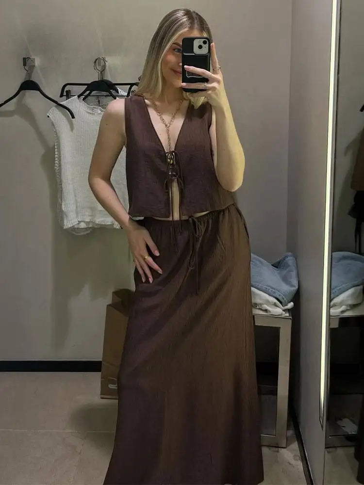 HH Women's Street Vest 2-piece Set Chic V-neck Sleeveless Lace-up Textured Vest + High-waisted Drawstring Casual Skirt Suit