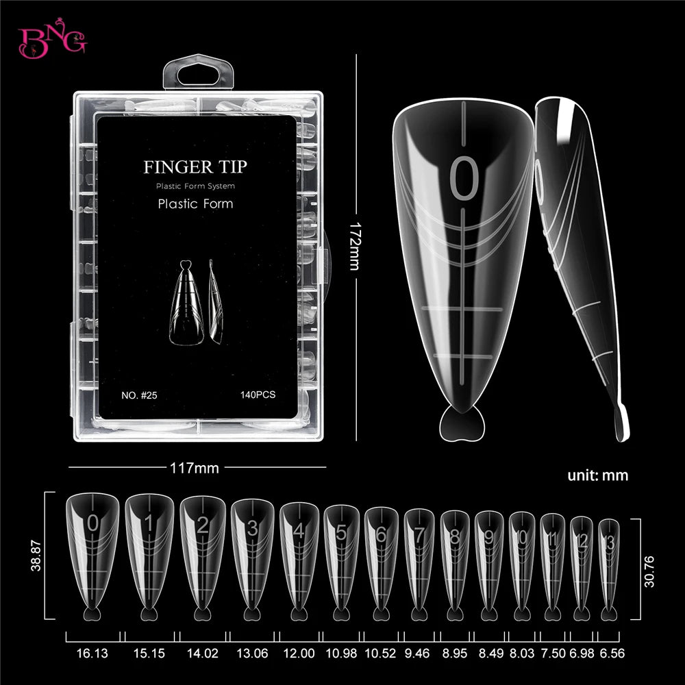 BNG 140Pcs Poly Extension Gel Dual Nail Forms Reusable Nail Molds for Builder Extension 14 Size Top Forms for Nail Art Design