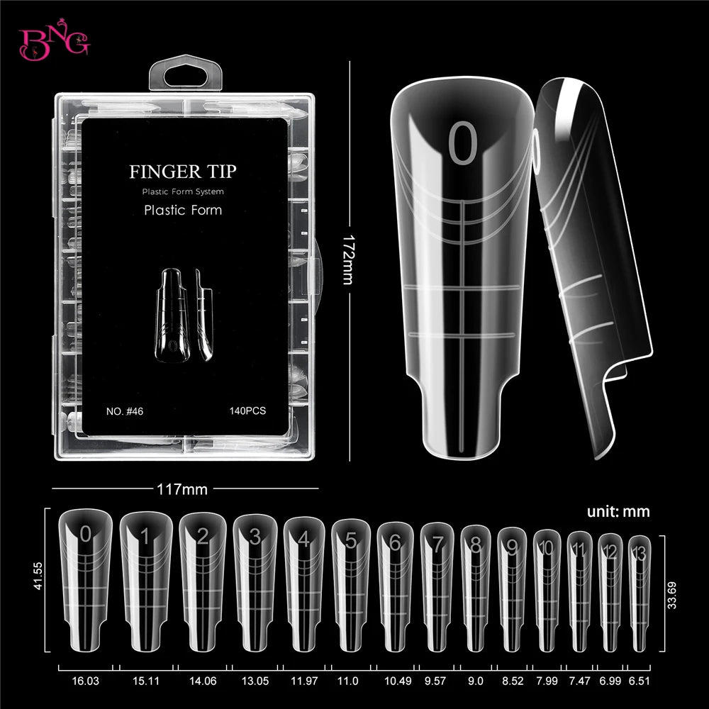 BNG 140Pcs Poly Extension Gel Dual Nail Forms Reusable Nail Molds for Builder Extension 14 Size Top Forms for Nail Art Design