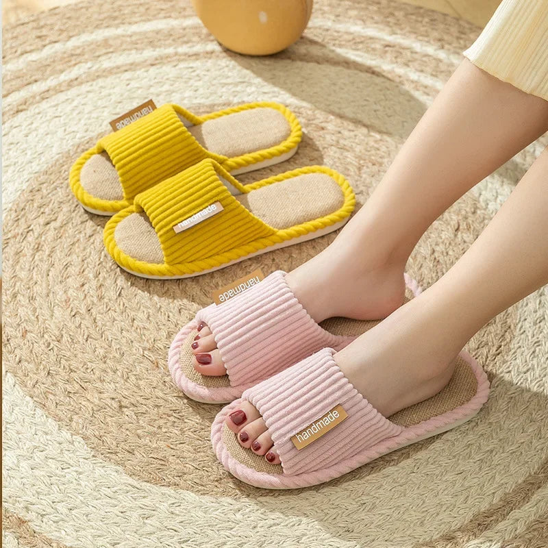 Striped Slippers Women Autumn Home Linen Flip Flops Couples Indoor House Non Slip Sandals Guest Shoes Male Flat Flax Sneaker
