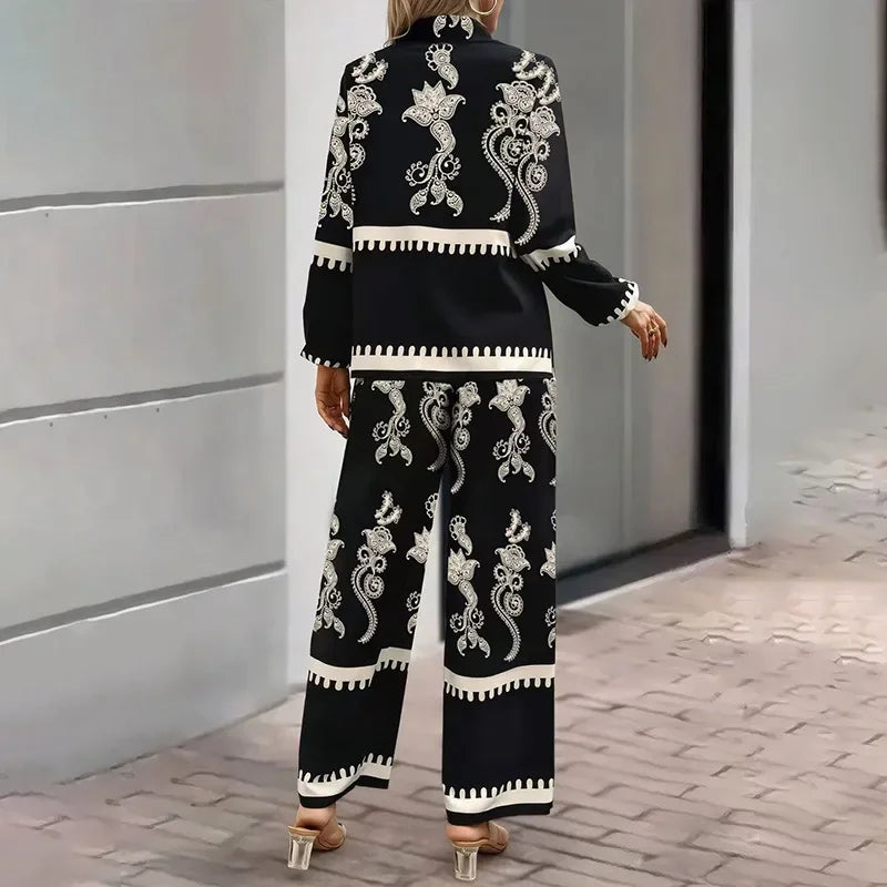 Fashionable Contrast Color Print Blouse And Pants Two-Piece Set for Women Stylish Retro Personality Elegant Office Wear